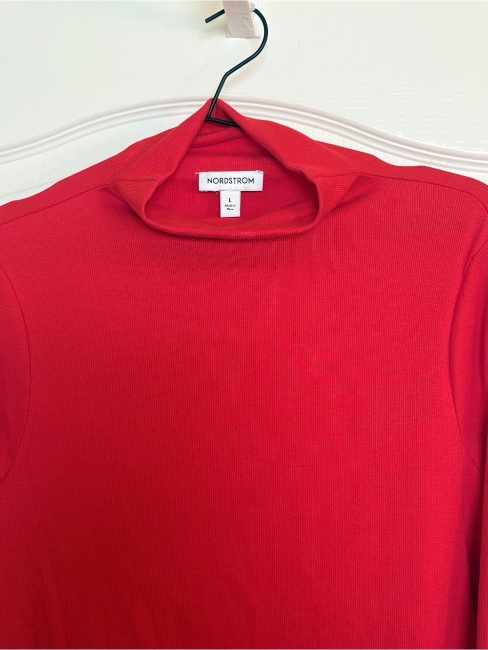 Nordstrom Red Ribbed Mock Neck Top 3/4 Sleeve Pima Cotton Large with Flaws - Picture 2 of 8